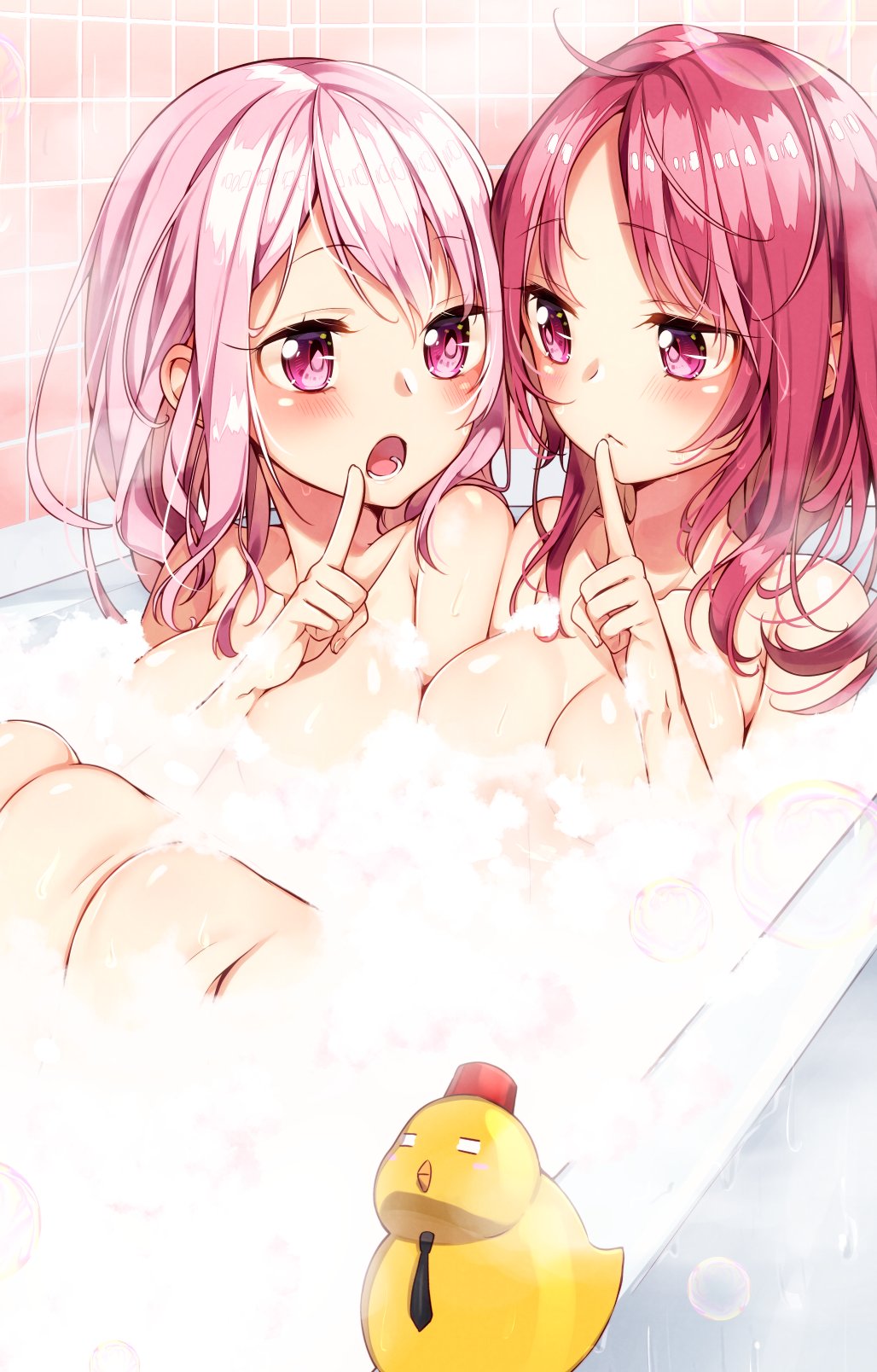 2girls :&lt; ahoge bangs bath bathing bathtub blush breasts closed_mouth collarbone commentary eye_contact eyebrows_visible_through_hair finger_to_mouth foam hand_up highres index_finger_raised indoors large_breasts legs_together long_hair looking_at_another multiple_girls nude open_mouth original pink_eyes pink_hair redhead rubber_duck sakuragi_ren shushing steam teeth wavy_hair