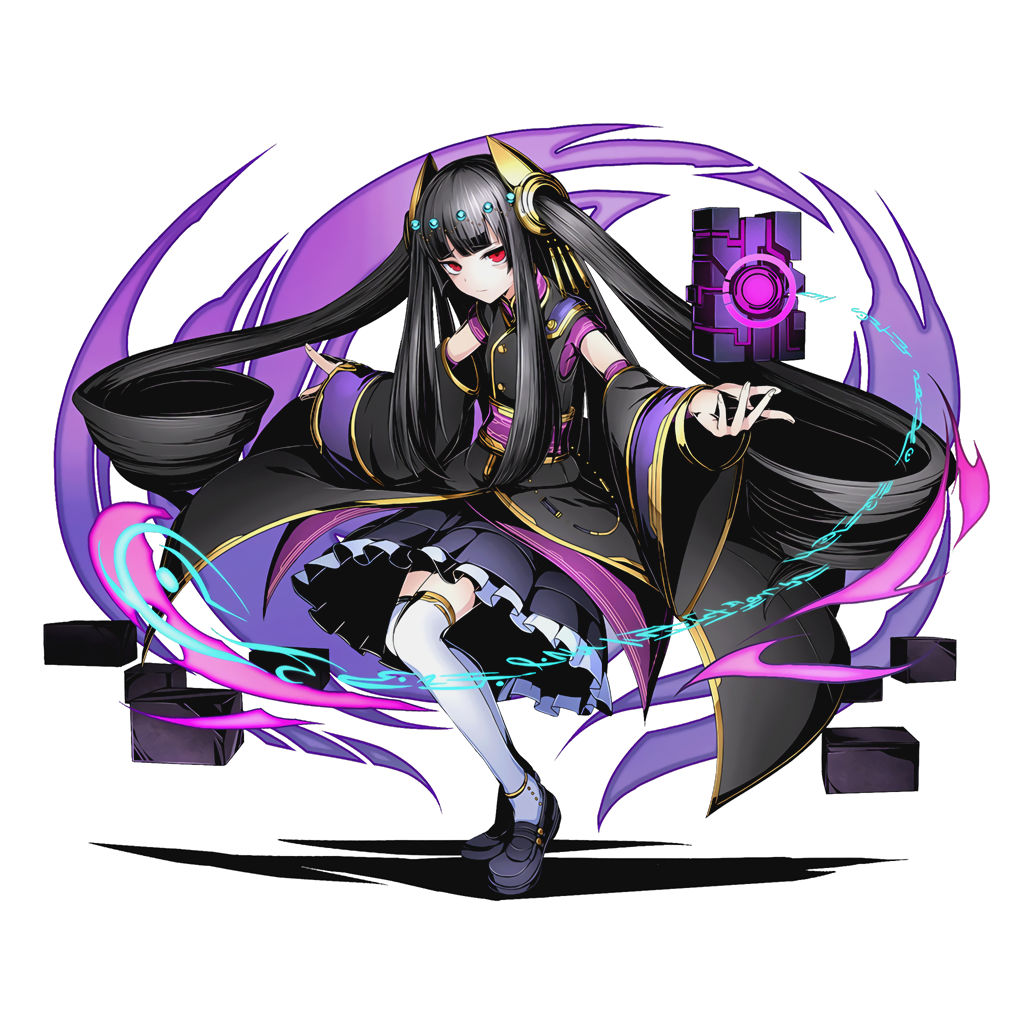 1girl absurdly_long_hair black_hair black_skirt detached_sleeves divine_gate eyebrows_visible_through_hair full_body hair_ornament long_hair looking_at_viewer official_art outstretched_arms red_eyes shadow skirt solo thigh-highs transparent_background twintails ucmm very_long_hair white_legwear