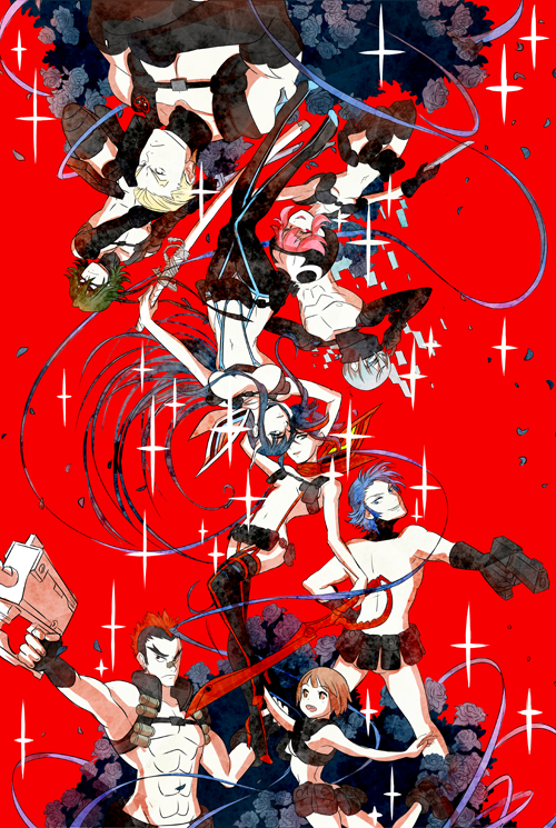 black_hair blonde_hair breasts brown_hair dark_skin drunkpugs gamagoori_ira green_eyes hat inumuta_houka jakuzure_nonon junketsu kill_la_kill kinagase_tsumugu kiryuuin_satsuki mankanshoku_mako matoi_ryuuko mikisugi_aikurou multicolored_hair multiple_boys multiple_girls navel nudist_beach_uniform pink_hair redhead revealing_clothes sanageyama_uzu scissor_blade senketsu short_hair siblings sisters thick_eyebrows thigh-highs two-tone_hair