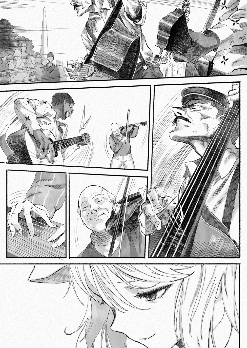 1girl 3boys bald beret comic double_bass girls_und_panzer greyscale guitar hat highres instrument kantele keizoku_school_uniform ladic long_hair long_sleeves mika_(girls_und_panzer) monochrome multiple_boys school_uniform shirt smile striped striped_shirt sunglasses vertical-striped_shirt vertical_stripes violin