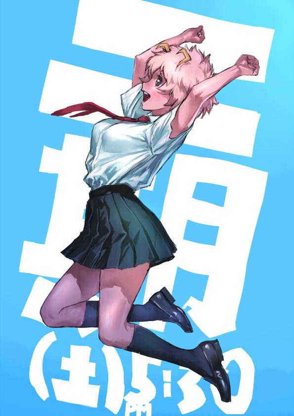 :d antennae arms_up ashido_mina black_sclera blue_background boku_no_hero_academia breasts from_side full_body jumping large_breasts legs mana30row necktie open_mouth pink_hair pink_skin pleated_skirt school_uniform serafuku shoes short_hair short_sleeves simple_background skirt smile socks yellow_eyes