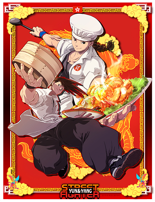 2boys alternate_costume apron baggy_pants bamboo_steamer braid brothers brown_hair character_name chef_hat chef_uniform copyright_name food hat ladle male_focus multiple_boys osanpogakari pants siblings single_braid solo_focus street_fighter street_fighter_iv_(series) twins waist_apron yang_lee yun_lee