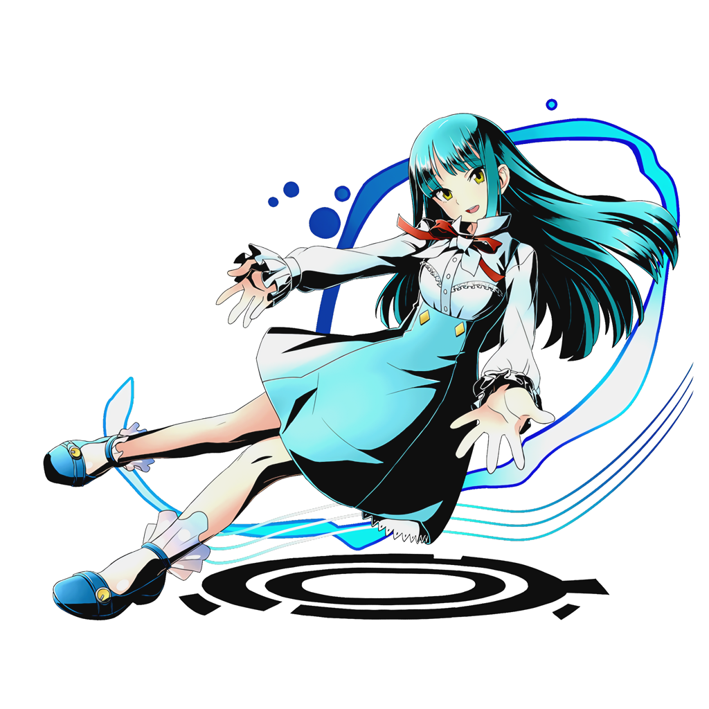 1girl aqua_hair aqua_shirt divine_gate eyebrows_visible_through_hair floating_hair full_body green_eyes long_hair looking_at_viewer neck_ribbon official_art open_mouth red_ribbon ribbon see-through shirt socks solo transparent_background ucmm white_legwear