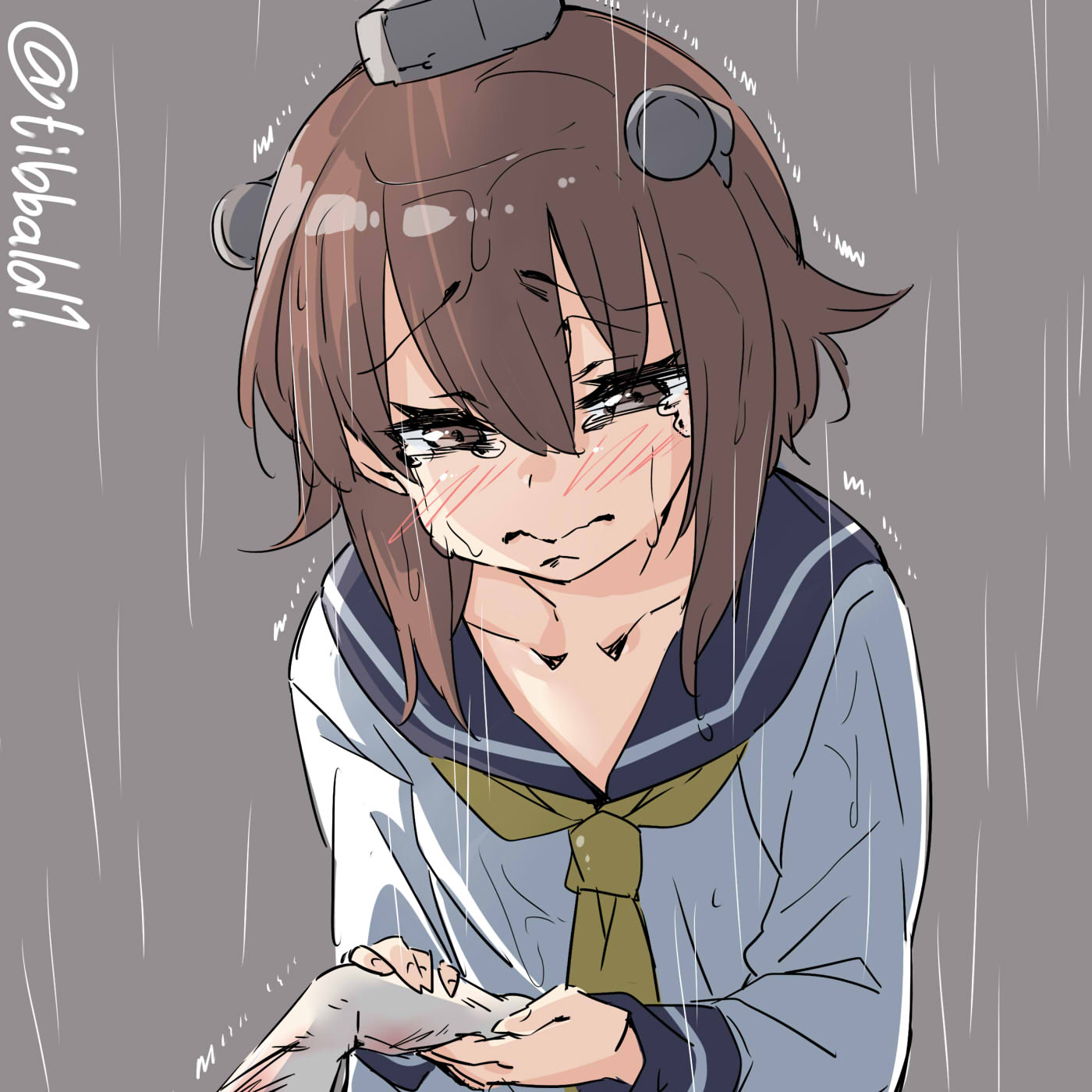 1girl bangs brown_eyes brown_hair closed_mouth collarbone crying crying_with_eyes_open ebifurya eyebrows_visible_through_hair grey_background hair_between_eyes highres holding_hand kantai_collection long_sleeves neckerchief rain short_hair sidelocks solo_focus tears twitter_username upper_body wet wet_clothes wet_hair yukikaze_(kantai_collection)