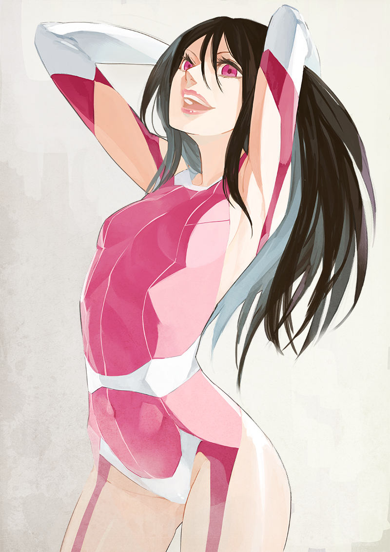 1girl 404_(artist) arms_behind_head bangs black_hair breasts cowboy_shot elbow_gloves eyelashes gloves grey_background hair_between_eyes long_hair open_mouth pink_clothes pink_eyes rensa_#29 rensa_(index) skin_tight small_breasts smile solo to_aru_majutsu_no_index to_aru_majutsu_no_index:_new_testament