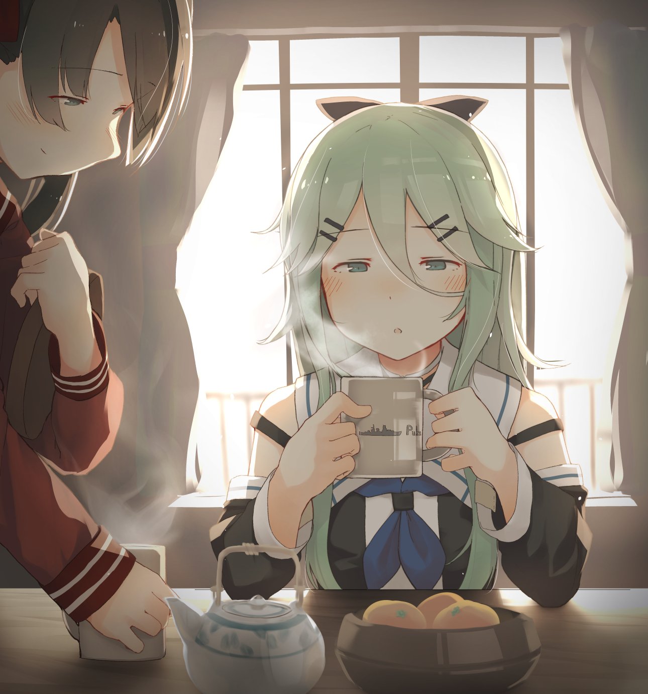 2girls aqua_hair backlighting bangs blowing_smoke blue_eyes blush bowl brown_hair closed_mouth cup curtains day detached_sleeves eyebrows_visible_through_hair food fruit fuu_fuu hair_between_eyes hair_ornament hairclip highres holding holding_tray indoors kantai_collection long_hair long_sleeves mandarin_orange mikuma_(kantai_collection) mug multiple_girls neckerchief school_uniform serafuku side_ponytail smile smoke teapot tray window yamakaze_(kantai_collection)