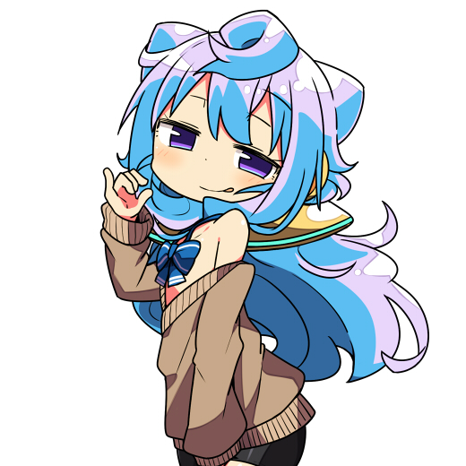 1boy :q bare_shoulders blue_bow blue_hair blush bow bowtie hacka_doll_3 kanikama long_hair looking_at_viewer male_focus off_shoulder simple_background solo sweater tongue tongue_out trap violet_eyes white_background