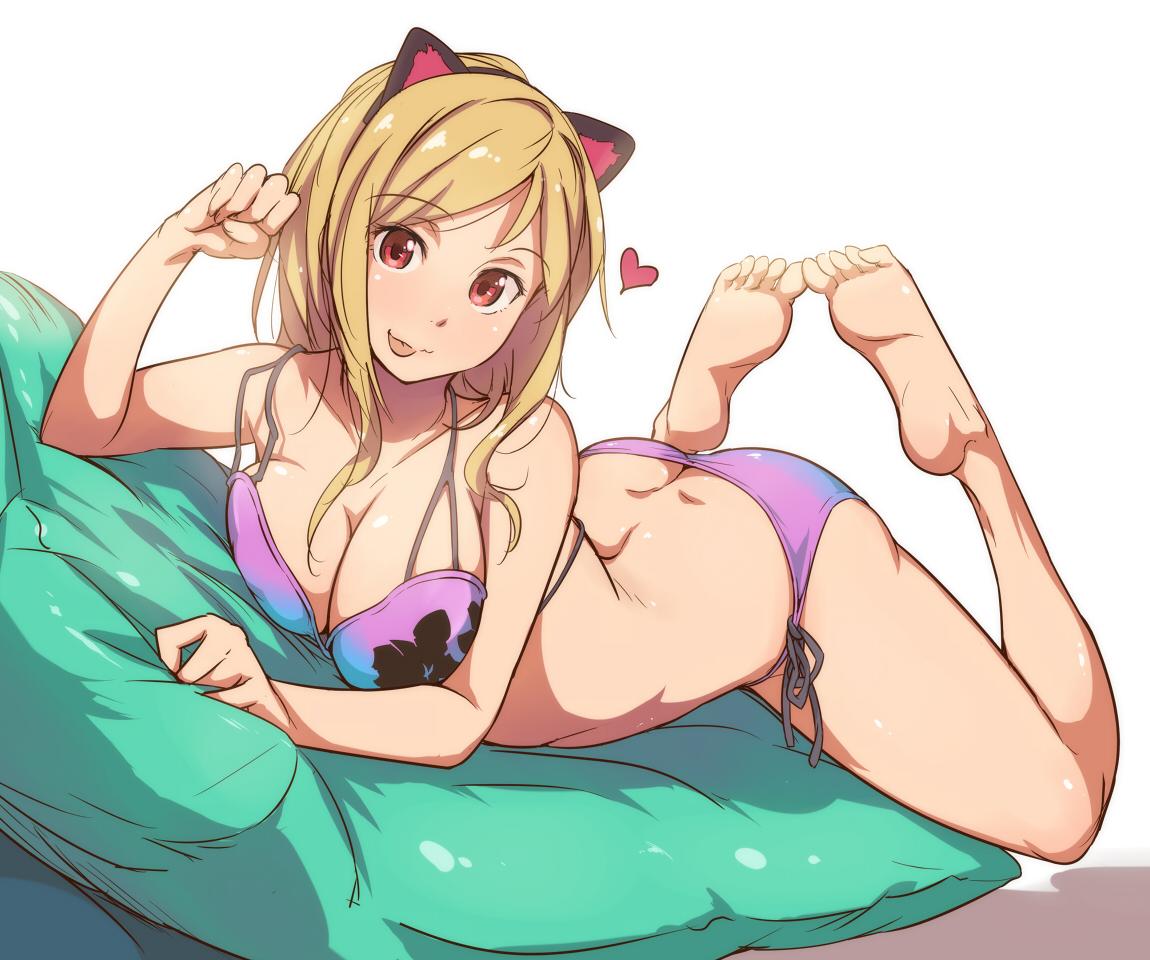 1girl :p animal_ears ass barefoot bikini blonde_hair blush breasts butt_crack cat_ears cleavage feet floral_print heart idolmaster idolmaster_million_live! jpeg_artifacts large_breasts legs_up looking_at_viewer lying momose_rio on_stomach paw_pose pillow purple_bikini red_eyes shiny shiny_skin short_hair side-tie_bikini smile soles solo swimsuit the_pose toes tokiwa_mmm tongue tongue_out