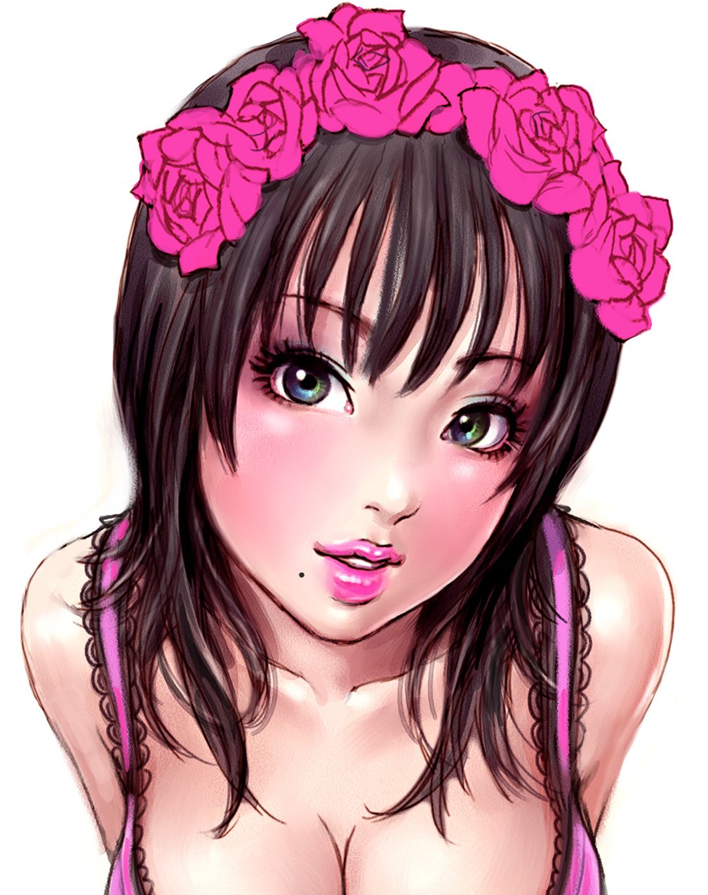 1girl black_hair blue_eyes bra breasts cleavage collarbone eyelashes female flower green_eyes hair_flower hair_ornament highres large_breasts lips mole mole_under_mouth multicolored multicolored_eyes original parted_lips pink_bra pink_lips simple_background solo underwear upper_body white_background yamashita_shun'ya