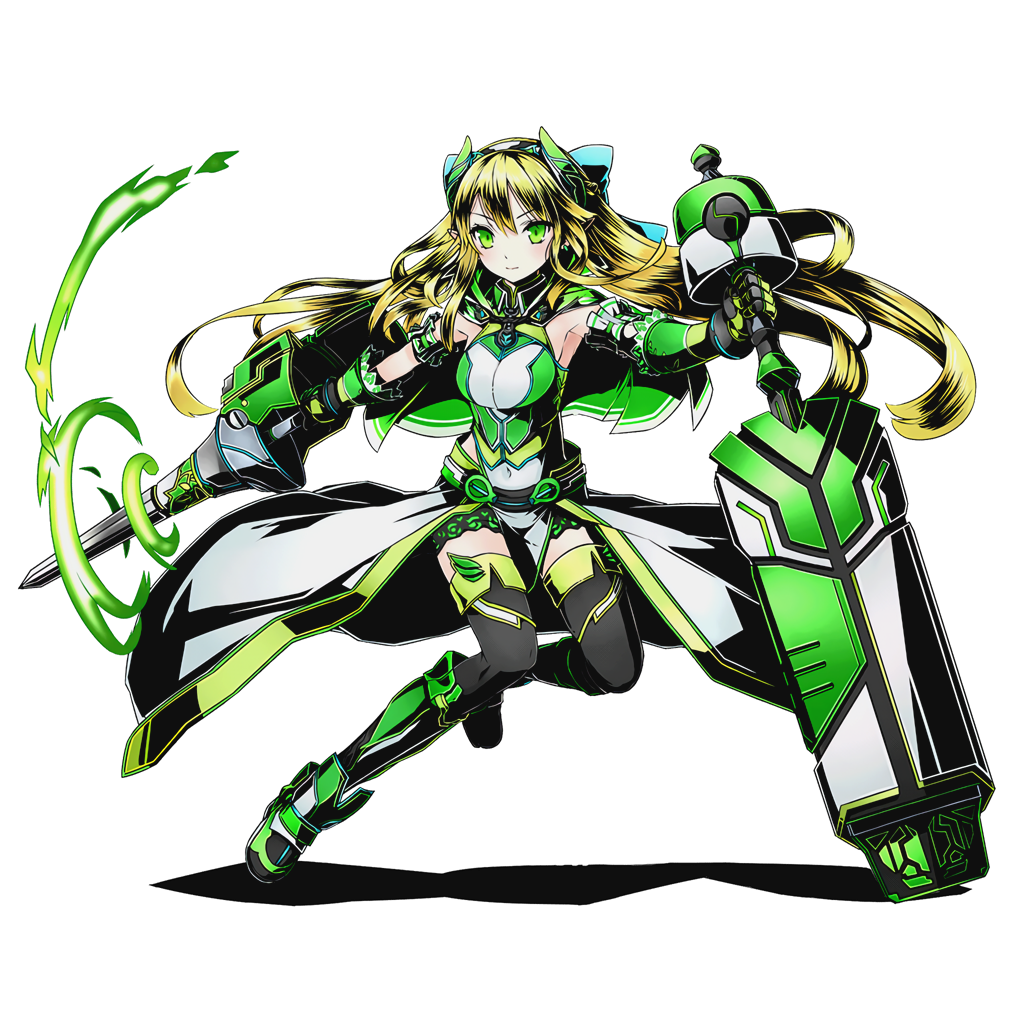 1girl aqua_bow black_boots blonde_hair boots bow breasts covered_navel divine_gate floating_hair full_body green_eyes hair_bow holding holding_weapon lance leotard long_hair looking_at_viewer medium_breasts official_art polearm sideboob solo thigh-highs thigh_boots transparent_background ucmm very_long_hair weapon