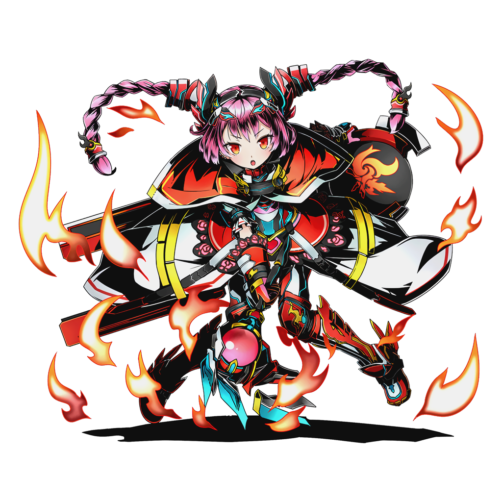 1girl armor armored_boots boots braid capelet divine_gate fire full_body hair_ornament headband holding holding_weapon long_hair looking_at_viewer official_art open_mouth pink_hair red_eyes shadow solo transparent_background twin_braids ucmm weapon
