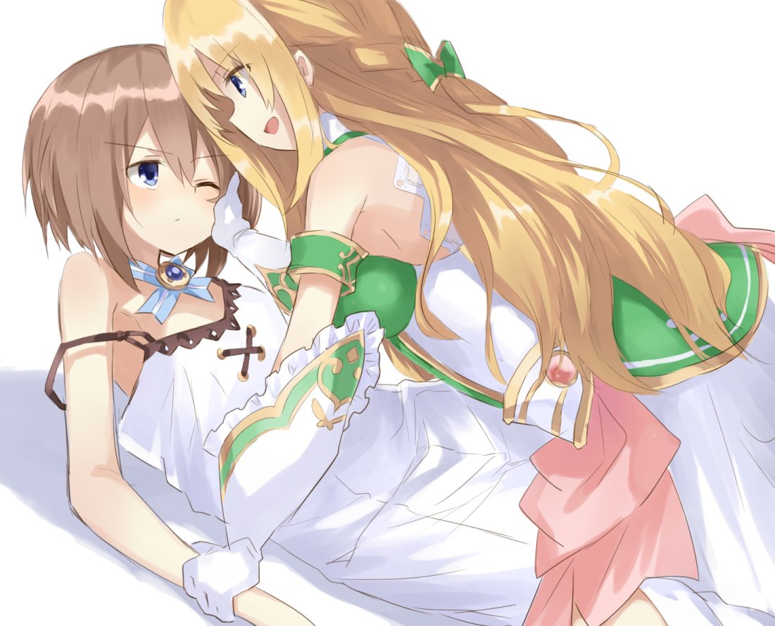 2girls bare_shoulders blanc blancpig_yryr blonde_hair blue_eyes blush breasts brown_hair choujigen_game_neptune cleavage female hair_ornament hand_on_another's_cheek large_breasts long_hair looking_at_another multiple_girls neptune_(series) one_eye_closed open_mouth short_hair vert yuri