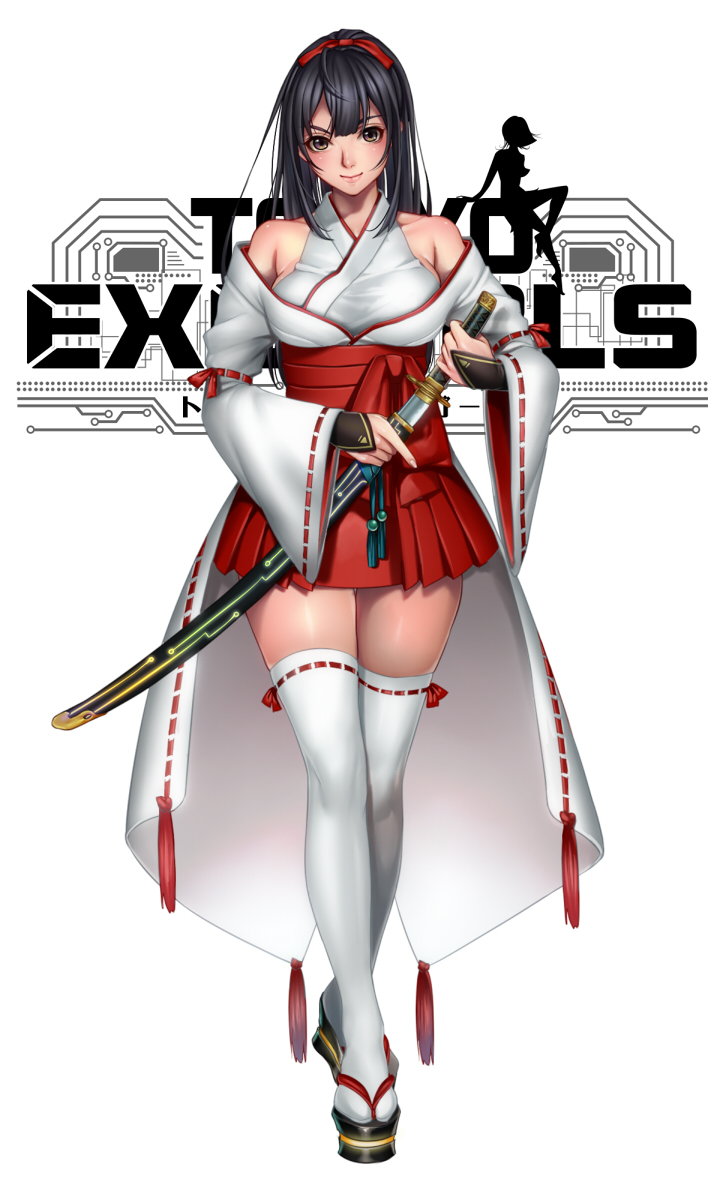 1girl bangs bare_shoulders black_hair breasts brown_eyes full_body hakama hakama_skirt highres holding holding_weapon japanese_clothes looking_at_viewer masami_chie medium_breasts official_art original overskirt red_hakama sandals solo standing sword thigh-highs tokyo_exe_girls weapon white_background white_legwear wide_sleeves zettai_ryouiki