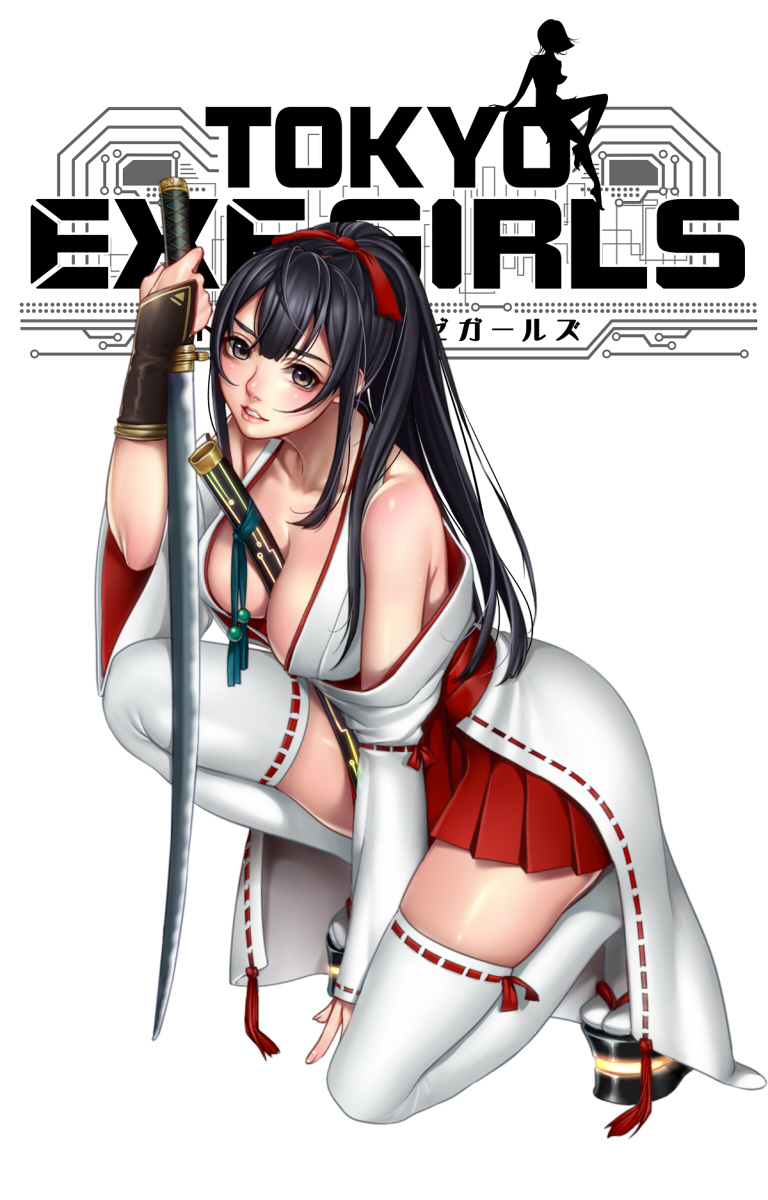 1girl bangs bare_shoulders between_breasts black_hair breasts brown_eyes cleavage hakama hakama_skirt highres holding holding_weapon japanese_clothes kneeling looking_at_viewer masami_chie medium_breasts official_art original overskirt red_hakama sandals solo sword thigh-highs tokyo_exe_girls weapon white_background white_legwear wide_sleeves zettai_ryouiki