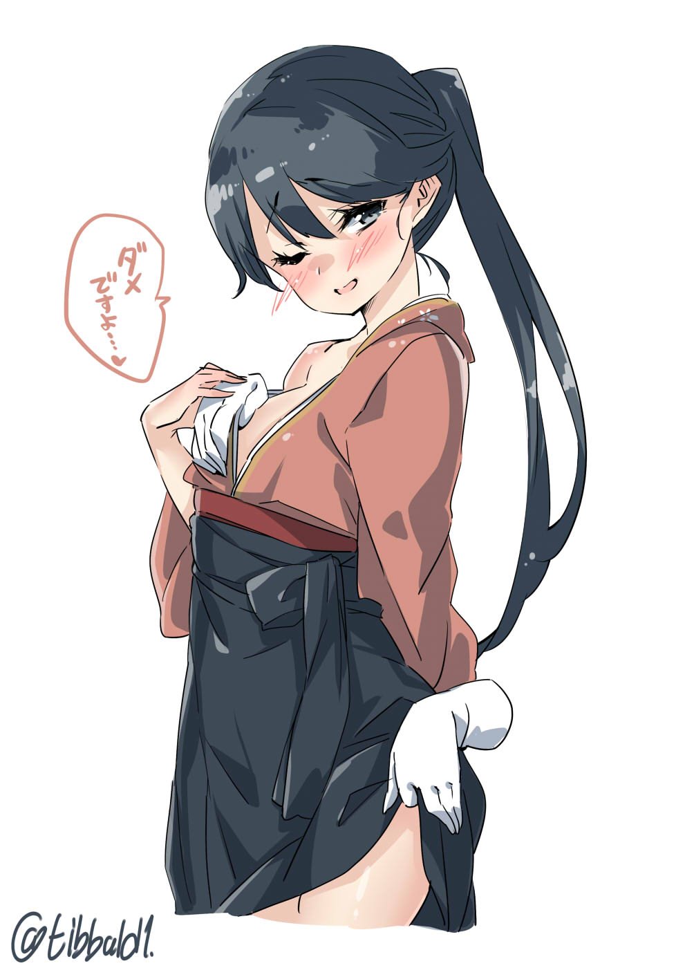 1girl arm_behind_back bangs black_hair blue_eyes blush breasts cowboy_shot disembodied_limb ebifurya eyebrows_visible_through_hair hakama hakama_lift hand_on_another's_chest hand_on_another's_hand heart highres houshou_(kantai_collection) japanese_clothes kantai_collection kimono lifted_by_another long_hair looking_back medium_breasts one_eye_closed open_mouth pink_kimono ponytail simple_background solo_focus speech_bubble spoken_heart translated twitter_username white_background