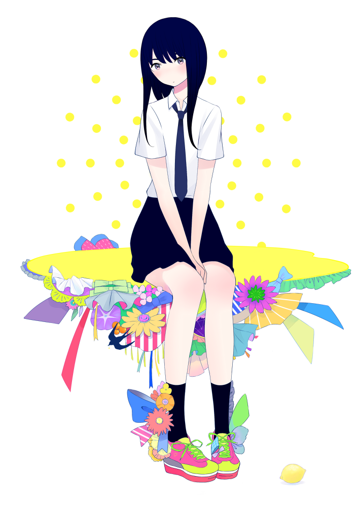 1girl animal bird black_hair black_legwear blush flower food frills fruit lemon long_hair necktie original ribata ribbon school_uniform shirt shoes short_sleeves sitting skirt sneakers socks solo swallow uniform white_background