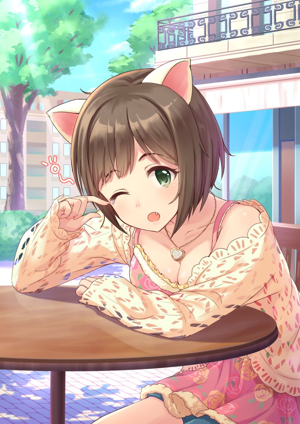 1girl animal_ears breasts brown_hair building cat_ears cleavage collarbone commentary_request dress drowsy eyebrows_visible_through_hair fang floral_print green_eyes highres idolmaster idolmaster_cinderella_girls jewelry light_rays maekawa_miku necklace one_eye_closed open_mouth outdoors pendant pink_dress rubbing_eyes short_hair shorts sitting sleepy sunbeam sunlight table tamakaga tree