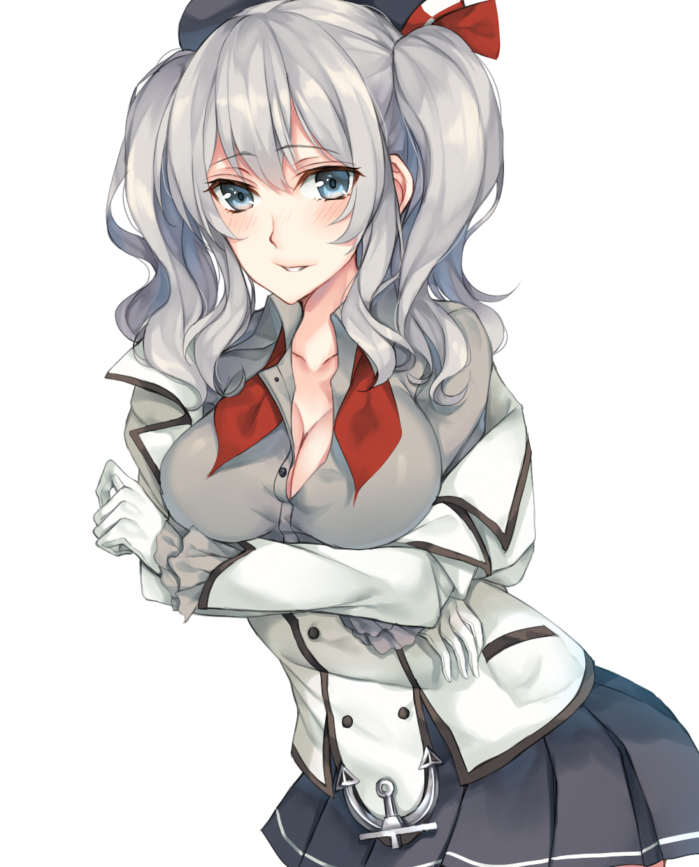 1girl blue_eyes blush breasts cleavage frilled_sleeves frills highres kantai_collection kashima_(kantai_collection) parted_lips rinarisa silver_hair simple_background solo twintails undressing wavy_hair white_background