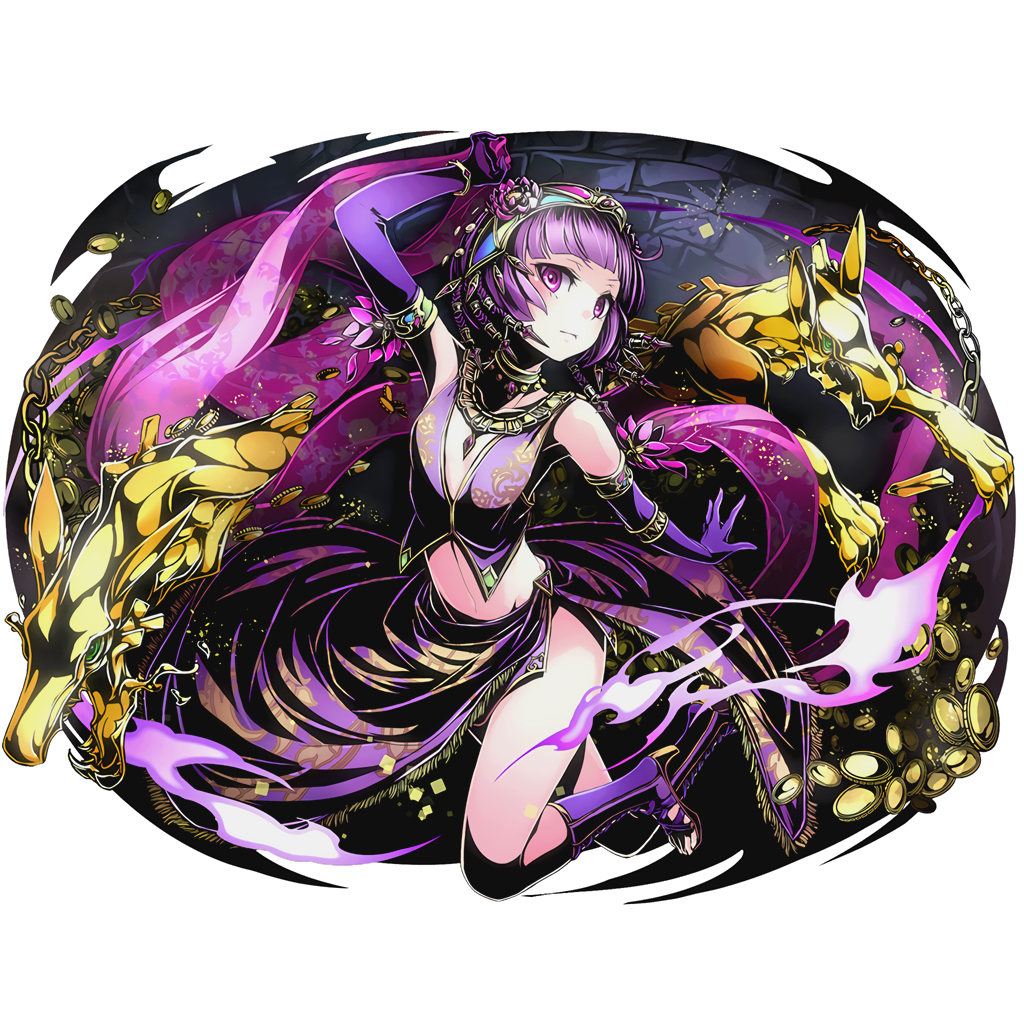1girl armpits breasts cleavage crop_top detached_sleeves divine_gate elbow_gloves full_body gloves groin high_heels looking_at_viewer midriff official_art purple_gloves purple_hair purple_skirt shadow short_hair skirt sleeveless small_breasts solo transparent_background ucmm violet_eyes