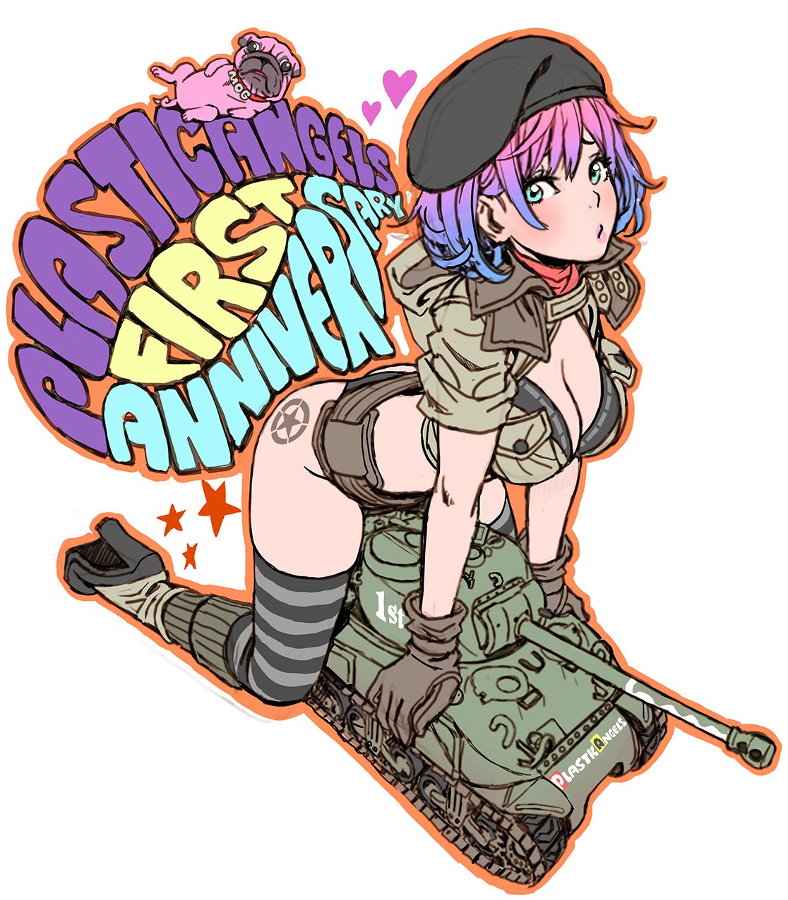 1girl ass black_panties blue_hair breasts brown_gloves cleavage collar cropped_jacket dog full_body gloves gradient_hair ground_vehicle hat heart high_heels highres hood hooded_jacket jacket large_breasts midriff military military_vehicle motor_vehicle multicolored_hair panties pink_hair pink_lips plastic_angels pouty_lips pug solo tank tattoo thigh-highs underwear yamashita_shun'ya