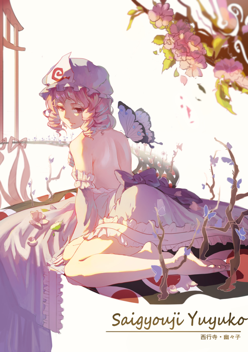 1girl bare_back barefoot butterfly character_name detached_sleeves drill_hair flower highres legs pink_eyes pink_hair saigyouji_yuyuko shiqi short_hair simple_background solo touhou triangular_headpiece white_background