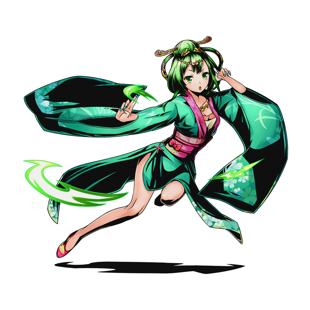1girl aqua_nails breasts cleavage collarbone divine_gate full_body green_eyes green_hair hair_ornament japanese_clothes jewelry kimono looking_at_viewer medium_breasts nail_polish necklace official_art open_mouth sash shadow short_hair solo transparent_background ucmm yukata