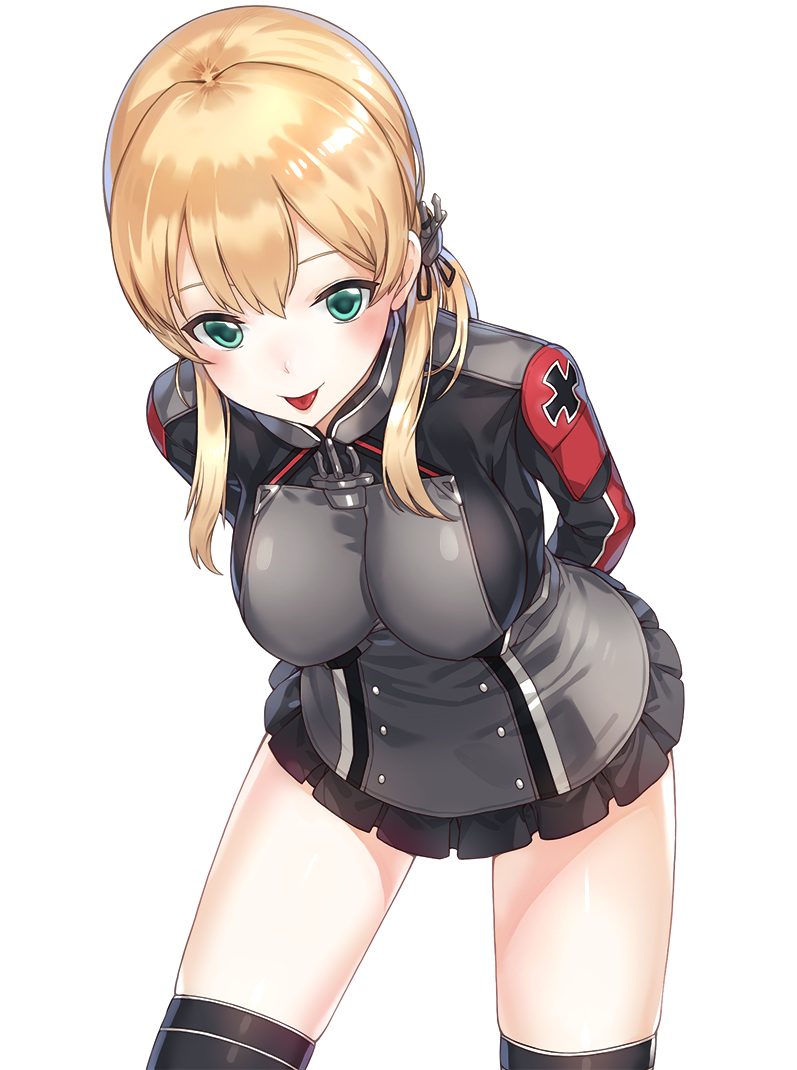 1girl :p anchor_hair_ornament aqua_eyes black_legwear blonde_hair breasts hair_ornament hat iron_cross kantai_collection kfr large_breasts leaning_forward long_hair low_twintails microskirt military military_hat military_uniform no_hat no_headwear prinz_eugen_(kantai_collection) revision simple_background skirt solo thigh-highs tongue tongue_out twintails uniform white_background