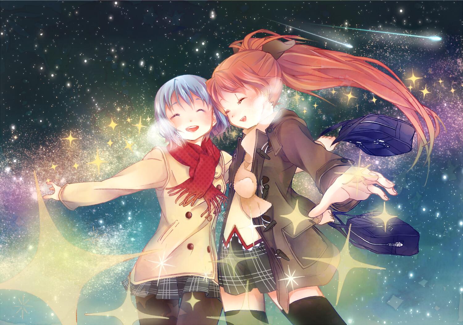 2girls ^_^ bag black_legwear blue_hair breath closed_eyes coat collaboration commentary_request friends long_hair mahou_shoujo_madoka_magica miki_sayaka milky_way multiple_girls night night_sky ooka_(melle) outstretched_arms pantyhose plaid plaid_skirt pleated_skirt ponytail redhead sakura_kyouko scarf school_bag school_uniform shooting_star short_hair skirt sky smile spread_arms star_(sky) starry_sky terao_hiroyuki thigh-highs winter winter_clothes winter_coat zettai_ryouiki