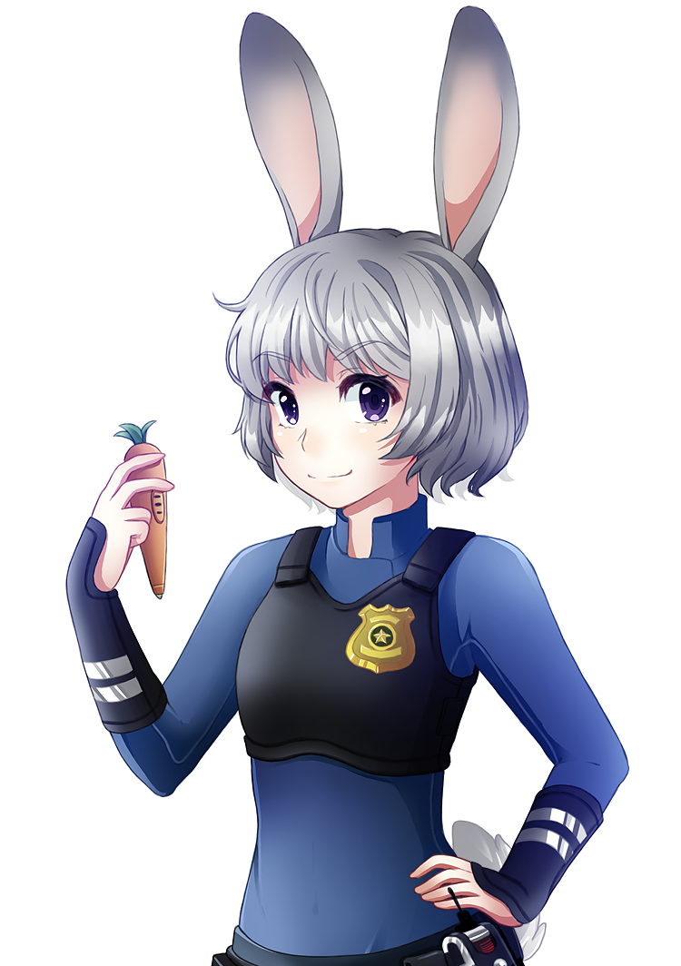 1girl animal_ears animal_tail artist_request belt bunny_tail disney eyebrows_visible_through_hair gauntlets grey_hair judy_hopps looking_at_viewer pen police_badge police_uniform policewoman rabbit_ears solo tagme violet_eyes zootopia