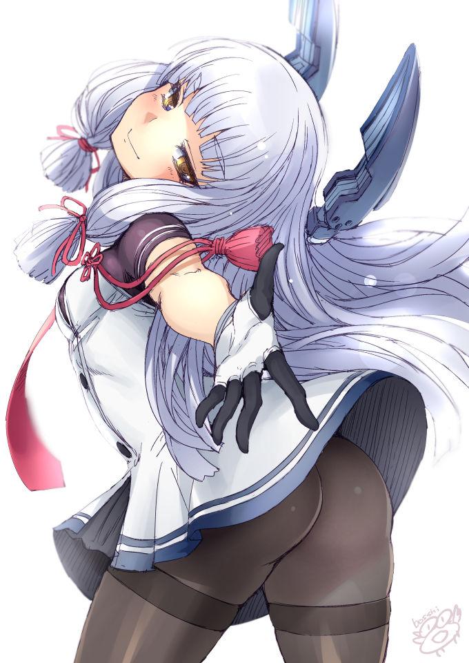 1girl arched_back artist_name ass bangs blue_hair blunt_bangs bosshi bow foreshortening gloves hair_bow hair_ribbon headgear jpeg_artifacts kantai_collection long_hair looking_at_viewer murakumo_(kantai_collection) pantyhose reaching_out remodel_(kantai_collection) ribbon simple_background smile solo thighband_pantyhose tsurime white_background yellow_eyes