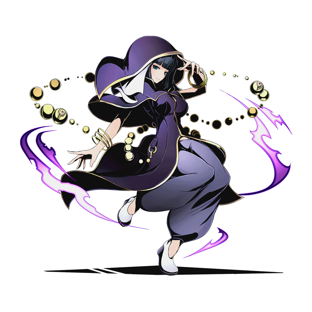 1girl black_hair blue_eyes bracelet breasts divine_gate full_body high_heels hood jewelry large_breasts magic mole mole_under_eye official_art pants sahdow shadow short_hair smile solo transparent_background ucmm white_shors