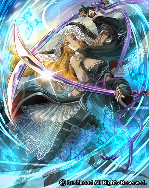 1girl back battle_sister_mille-feuille blonde_hair boots breasts butterfly cardfight!!_vanguard cleavage company_name full_body gloves long_hair moreshan official_art pointy_ears red_eyes solo sword tattoo teeth veil weapon