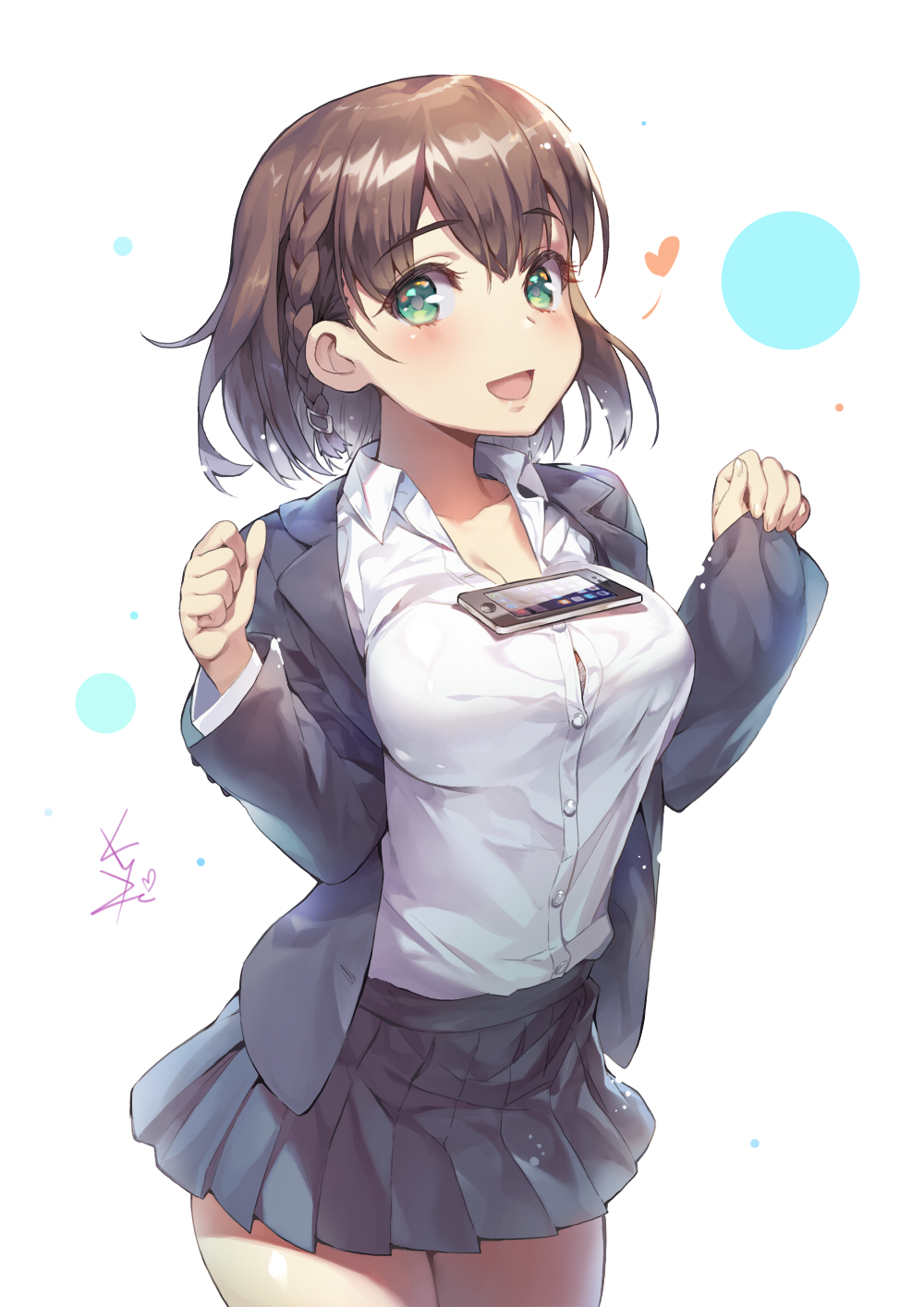 1girl :d ai-chan_(tawawa) braid breasts brown_hair cellphone getsuyoubi_no_tawawa green_eyes highres kakiman looking_at_viewer object_on_breast open_mouth phone pleated_skirt revision short_hair skirt smartphone smile solo tawawa_challenge w_arms