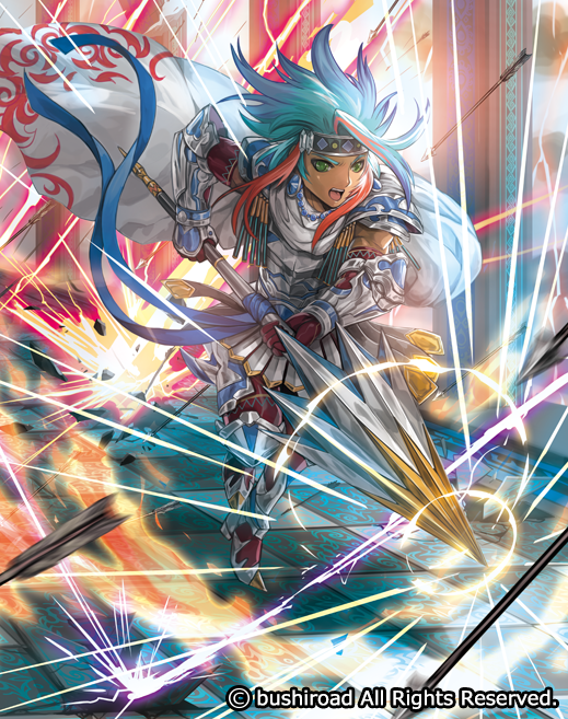 1boy armor armored_boots arrow blue_hair boots cape cardfight!!_vanguard company_name dark_skin dark_skinned_male electricity full_body gloves green_eyes headband knight_of_honesty_carausius long_hair male_focus moreshan multicolored_hair official_art open_mouth redhead solo teeth two-tone_hair