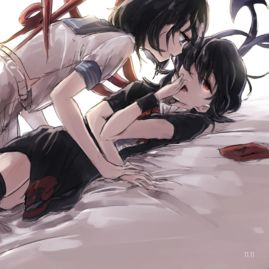 2girls asymmetrical_wings black_dress black_hair dated dress eye_contact food hair_over_one_eye hisona_(suaritesumi) houjuu_nue looking_at_another lying multiple_girls murasa_minamitsu on_back on_bed open_mouth pocky pocky_day pocky_kiss profile red_eyes saliva shared_food shirt short_hair short_sleeves shorts smile touhou wings wrist_cuffs yuri