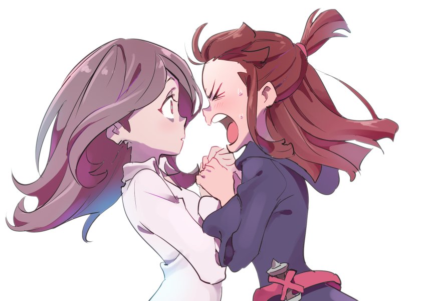 2girls blush brown_hair closed_eyes collared_shirt confession dress from_side hand_holding kagari_atsuko little_witch_academia long_hair long_sleeves multiple_girls open_mouth pink_hair red_eyes shirt shouting sidelocks simple_background sucy_manbavaran sweat teeth white_background wide-eyed wide_sleeves yuri