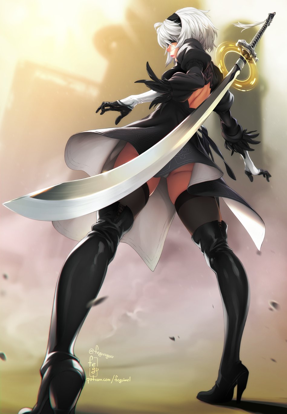1girl black_dress black_hairband black_legwear blindfold boots cross-laced_footwear dress feather-trimmed_sleeves feguimel hairband high_heel_boots high_heels highres juliet_sleeves magic_circle nier_(series) nier_automata panties pantyshot pantyshot_(standing) shiny_clothes short_hair silver_hair skindentation solo standing sword thigh-highs thigh_boots underwear upskirt weapon weapon_on_back yorha_no._2_type_b