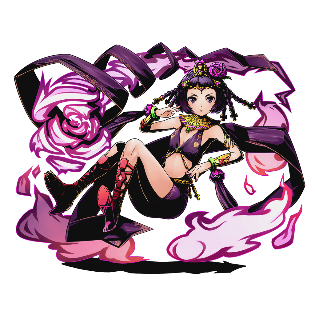 1girl bracelet braid breasts cleavage divine_gate flower full_body hair_flower hair_ornament high_heels jewelry looking_at_viewer nail_polish official_art purple_hair purple_nails purple_skirt red_flower red_shoes shadow shoes short_hair skirt small_breasts solo transparent_background ucmm violet_eyes