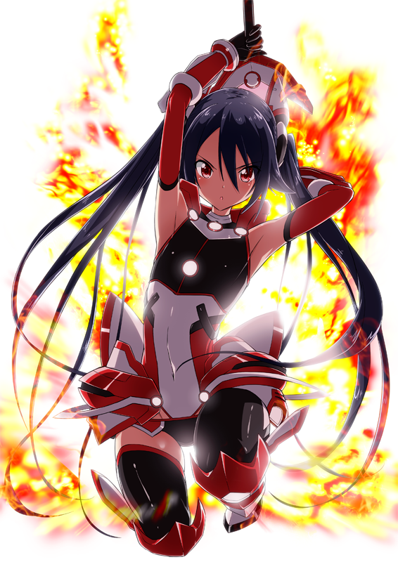 1girl armpits arms_up black_hair black_legwear cosplay elbow_gloves explosion gloves leotard long_hair looking_at_viewer ore_twintail_ni_narimasu red_eyes serious solo tailred tailred_(cosplay) thigh-highs tsube_aika twintails yuto_(dialique)