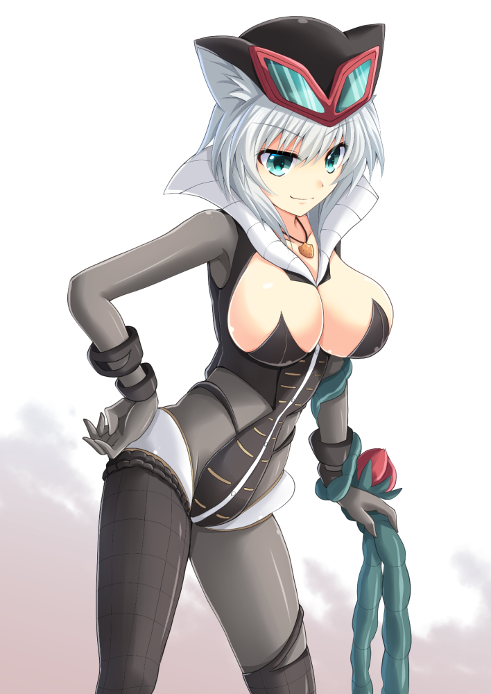 1girl animal_ears black_gloves blue_eyes bodysuit breasts cleavage cleavage_cutout cross_(crossryou) female gloves mephilas_seijin mephilas_seijin_nidaime personification short_hair silver_hair simple_background smile solo ultra_kaijuu_gijinka_keikaku ultra_series