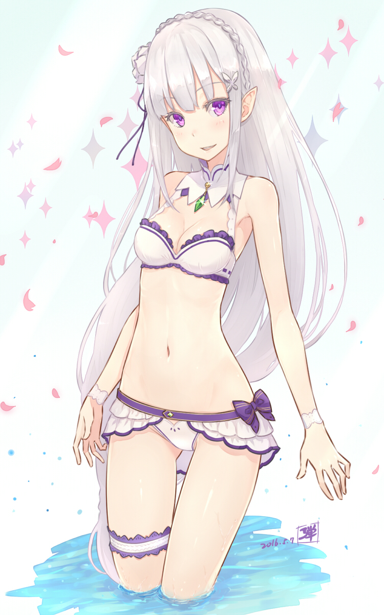 1girl 2016 adam700403 adapted_costume bare_shoulders bikini bow braid breasts cleavage dated detached_collar elf emilia_(re:zero) garters groin hair_ornament highres jewelry long_hair looking_at_viewer medium_breasts open_mouth petals pointy_ears re:zero_kara_hajimeru_isekai_seikatsu revision ribbon-trimmed_bikini ribbon_trim shiny shiny_skin signature silver_hair solo sparkle swimsuit very_long_hair violet_eyes wading water