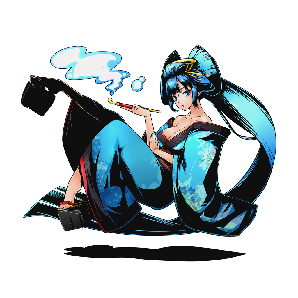 1girl bare_shoulders blue_eyes blue_hair blue_nails breasts cleavage collarbone divine_gate full_body hair_ornament holding japanese_clothes kimono large_breasts long_hair looking_at_viewer nail_polish official_art solo transparent_background ucmm very_long_hair yukata