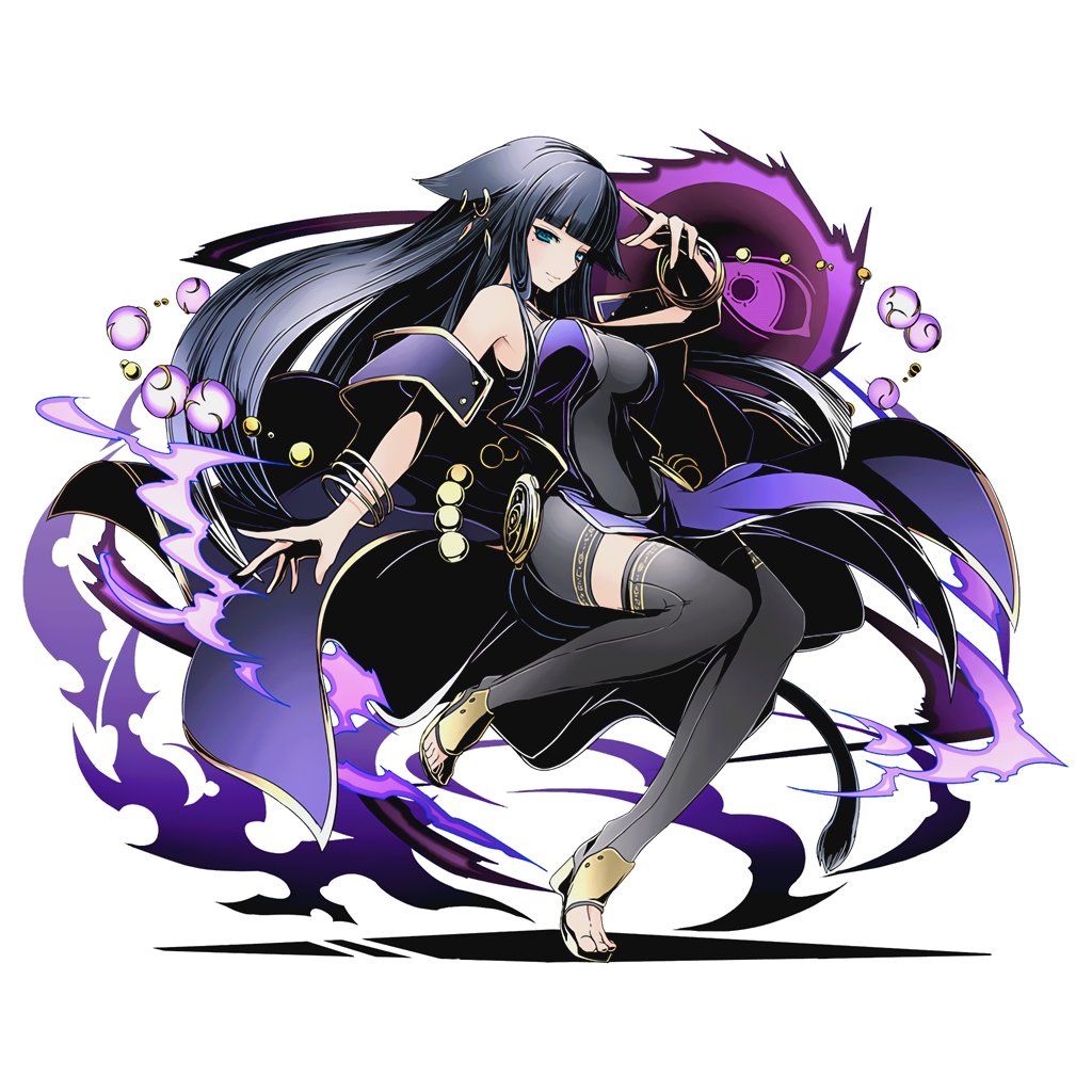 1girl absurdly_long_hair black_hair black_legwear blue_eyes bracelet breasts breasts_apart cleavage detached_sleeves divine_gate dress full_body hair_ornament jewelry large_breasts long_hair mole mole_under_eye official_art shadow sleeveless sleeveless_dress solo tail thigh-highs transparent_background ucmm very_long_hair