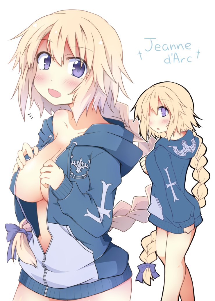 1girl blonde_hair blue_eyes blush braid breasts cleavage headpiece hood hoodie large_breasts long_hair looking_at_viewer naked_hoodie no_bra open_clothes open_mouth ruler_(fate/apocrypha) single_braid smile solo yuuhi_alpha