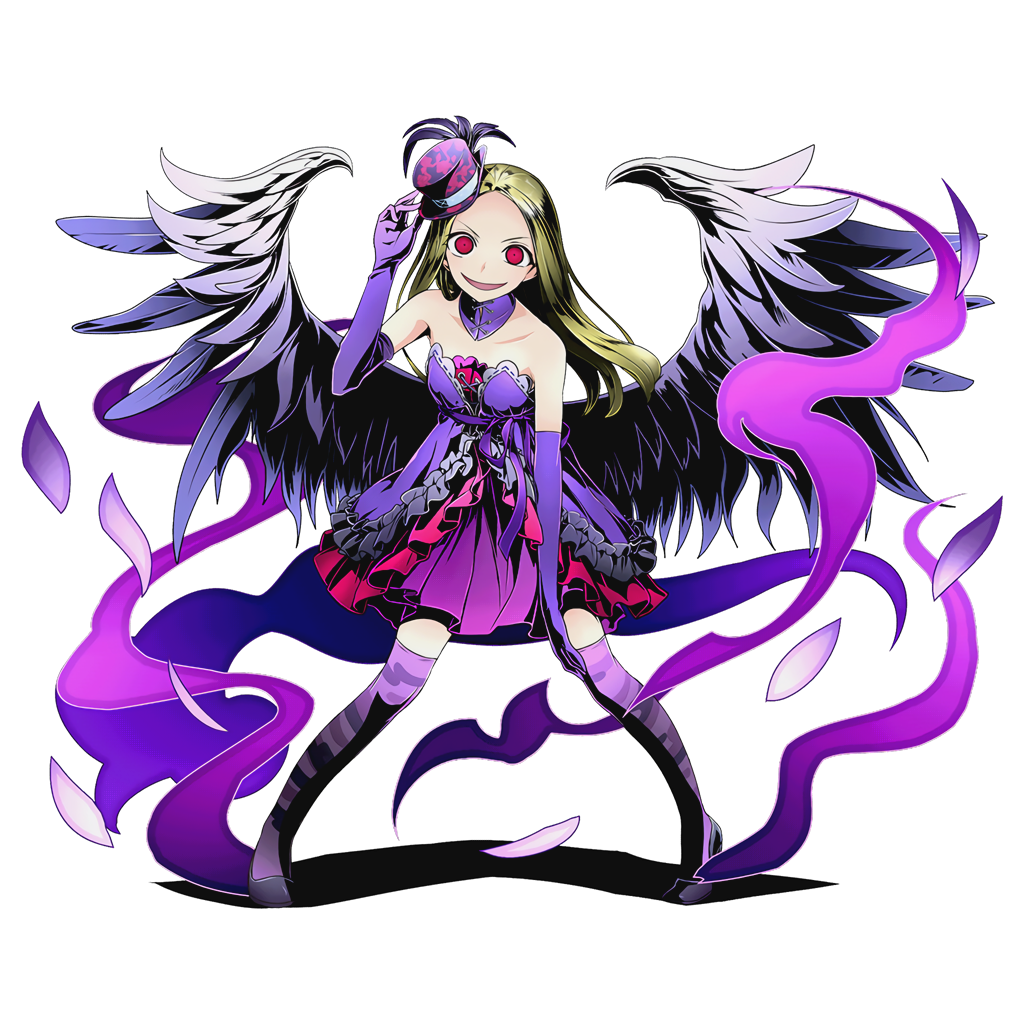 1girl bare_shoulders blonde_hair collarbone divine_gate dress elbow_gloves feathered_wings floating_hair full_body gloves grey_wings hat long_hair looking_at_viewer mini_hat official_art open_mouth purple_gloves purple_legwear red_eyes sleeveless sleeveless_dress solo standing strapless strapless_dress thigh-highs transparent_background ucmm wings