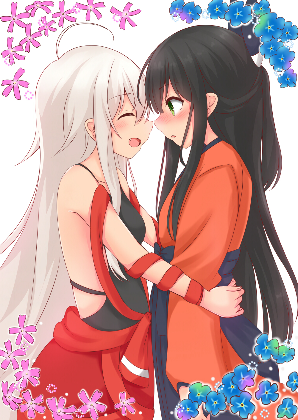 2girls :d ahoge black_shirt bloomers blush breasts brown_hair chiya_(urara_meirochou) closed_eyes fang flower green_eyes hair_between_eyes hakama highres hug incipient_kiss japanese_clothes karuba_(therace) kimono long_hair looking_at_another medium_breasts meiji_schoolgirl_uniform multiple_girls noses_touching open_mouth shirt skirt sleeveless sleeveless_shirt smile tatsumi_kon underwear urara_meirochou very_long_hair white_hair wide_sleeves yuri