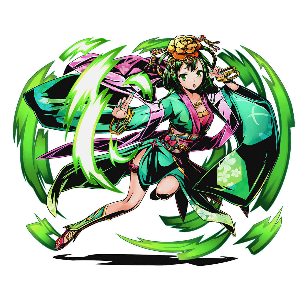 1girl aqua_nails bracelet breasts cleavage collarbone divine_gate flower full_body green_eyes green_hair hair_flower hair_ornament japanese_clothes jewelry kimono looking_at_viewer medium_breasts nail_polish necklace official_art shadow short_hair solo transparent_background ucmm yellow_flower yukata