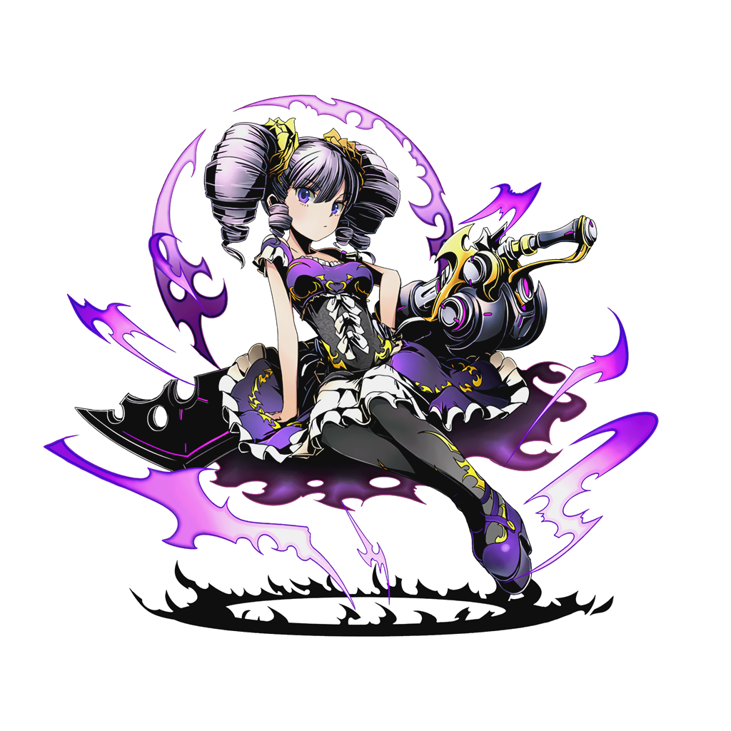 1girl black_legwear collarbone divine_gate dress eyebrows_visible_through_hair full_body hair_ornament hand_on_hip high_heels long_hair looking_at_viewer official_art pantyhose purple_dress purple_hair shadow short_sleeves solo transparent_background twin_drill ucmm violet_eyes