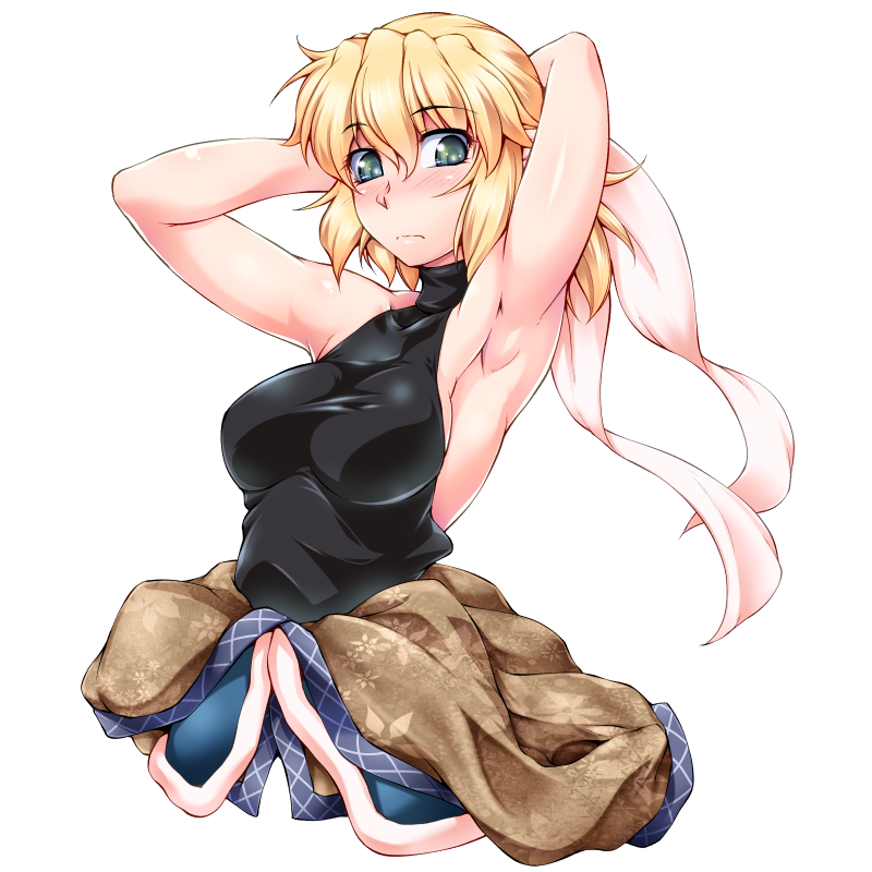 1girl adjusting_hair armpits arms_behind_head blonde_hair blush breasts eyebrows eyebrows_visible_through_hair green_eyes looking_at_viewer medium_breasts mizuhashi_parsee ootsuki_wataru ribbon scarf scarf_removed short_hair sleeveless sleeveless_turtleneck solo touhou transparent_background turtleneck tying_hair