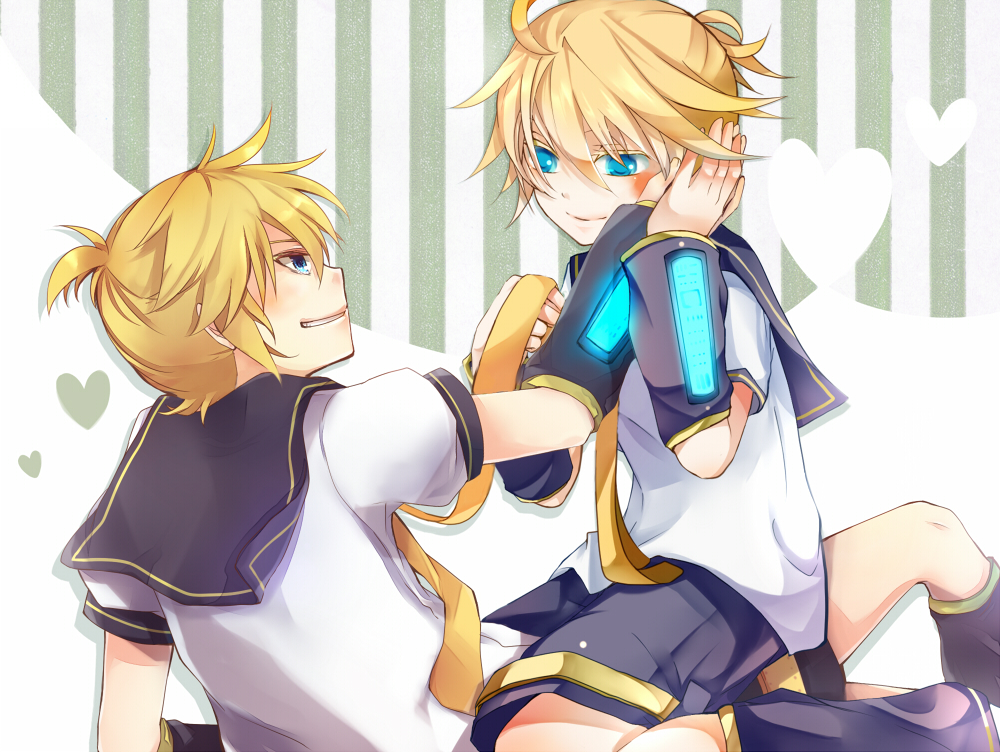2boys blonde_hair blue_eyes boots detached_sleeves kagamine_len looking_at_each_other necktie selfcest short_hair shorts tagme vocaloid yaoi